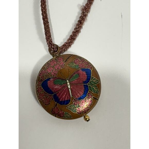 Vintage Gold Tone Pink Cloisonné Floral & Butterfly Double sided Round Pendant - Picture 1 of 6